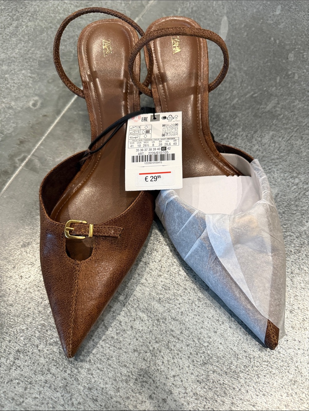Zara Brown Pointed Toe Slingback Mules with Buckle